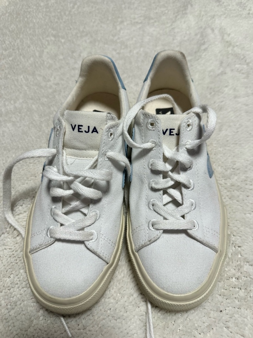 Veja White Canvas Sneakers with Light Blue Heel Detail